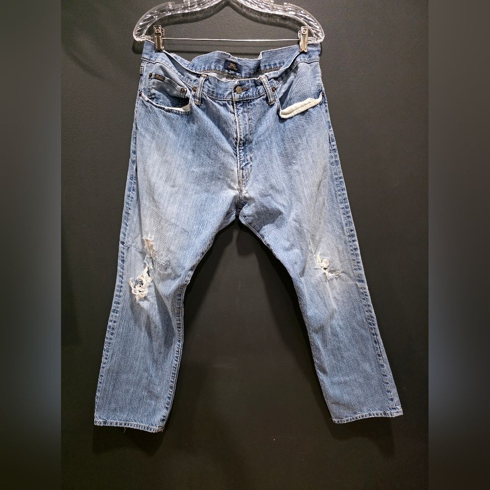 Polo Ralph Lauren Jeans Mens 35x30 Relaxed Straight Distressed Light Wash